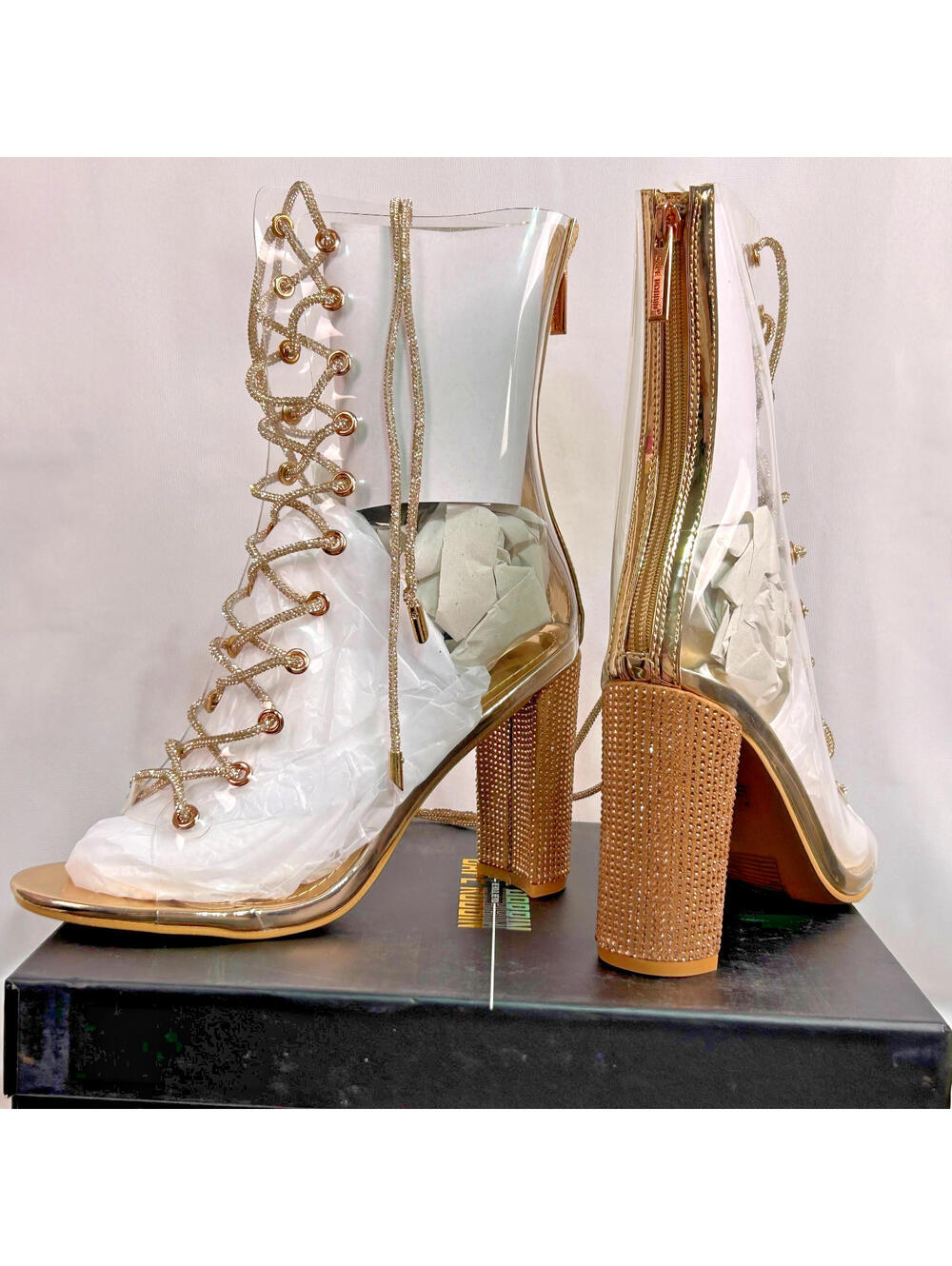 Cape Robbin Lookey Bootie Heels Size 8 Clear Rose Gold Lace Up Rhinestone Block